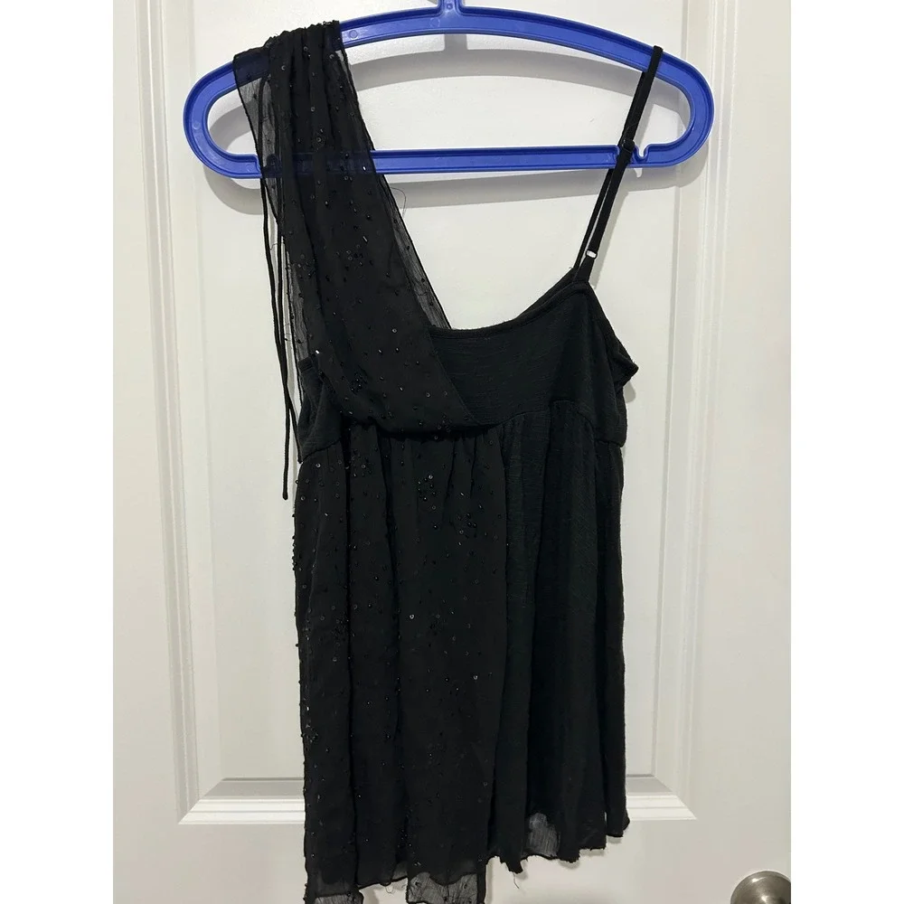 Free People‎ Black Sequin One Shoulder Babydoll Top S P